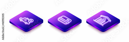 Set Isometric line Location taxi car, Credit card and Garage for icon. Vector