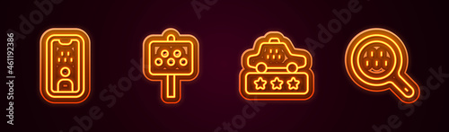 Set line Taxi driver license, Road sign for taxi stand, service rating and Search. Glowing neon icon. Vector