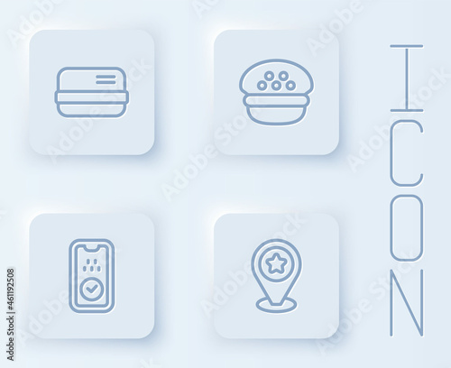Set line Credit card, Taxi driver cap, mobile app and Location with star. White square button. Vector