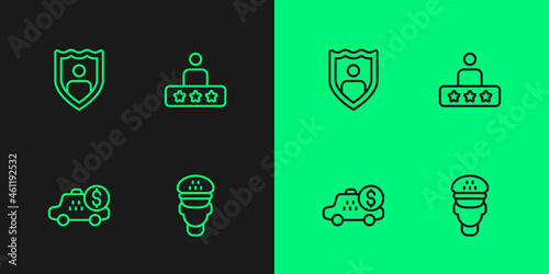 Set line Taxi driver, Taximeter device, Life insurance with shield and service rating icon. Vector