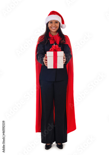 Santa woman standing holding gift box with smile, full length.Isolated on white background. Young mixed race Asian, Caucasian model.