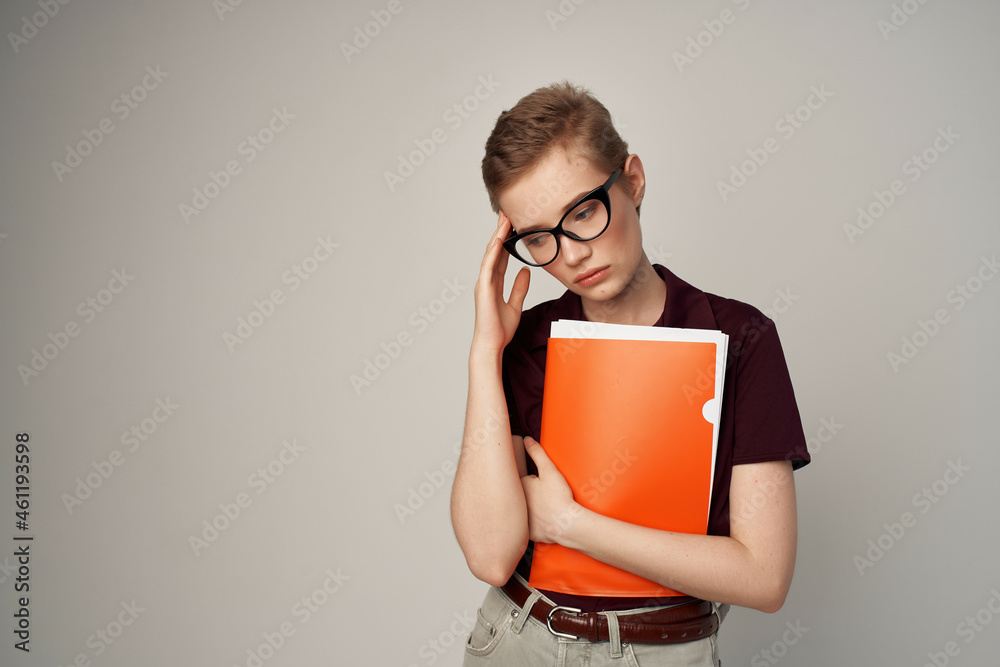 female student in a red shirt classic style isolated background