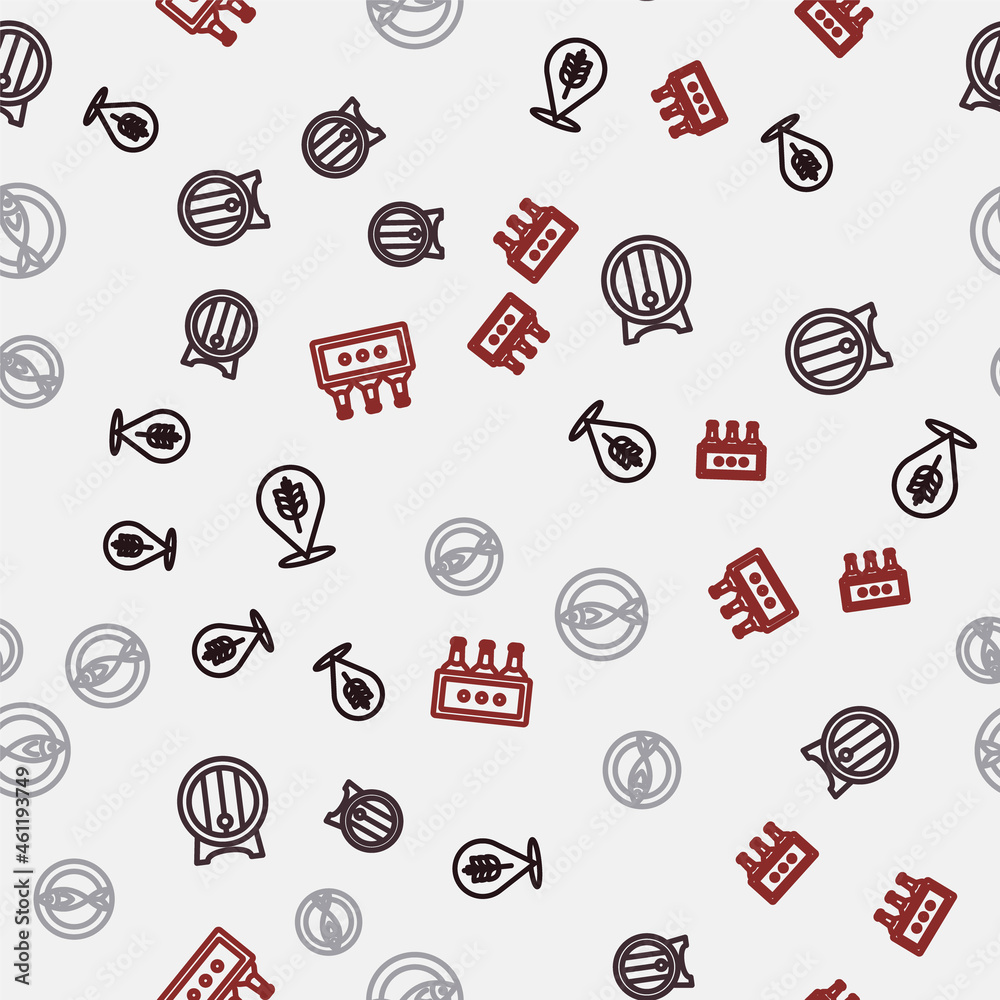 Set line Wheat, Wooden barrel on rack, Dried fish and Pack of beer bottles on seamless pattern. Vector Set line Wheat, Wooden barrel on rack, Dried fish and Pack of beer bottles on seamless pattern. Vector