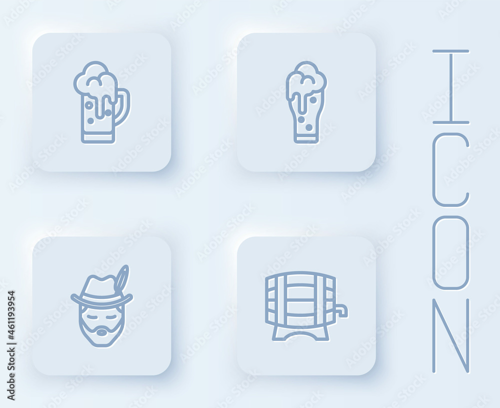 Set line Glass of beer, Oktoberfest man and Wooden barrel on rack. White square button. Vector Set line Glass of beer, Oktoberfest man and Wooden barrel on rack. White square button. Vector