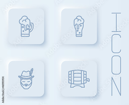 Set line Glass of beer, Oktoberfest man and Wooden barrel on rack. White square button. Vector