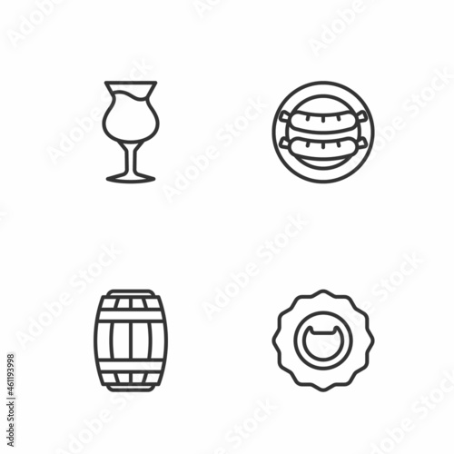 Set line Bottle opener, Wooden barrel, Glass of beer and Sausage icon. Vector