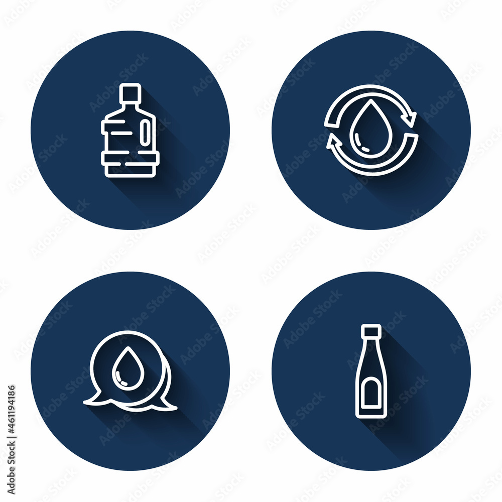 Set line Big bottle with clean water, Recycle aqua, Water drop speech bubbles and Bottle of with long shadow. Blue circle button. Vector Set line Big bottle with clean water, Recycle aqua, Water drop speech bubbles and Bottle of with long shadow. Blue circle button. Vector