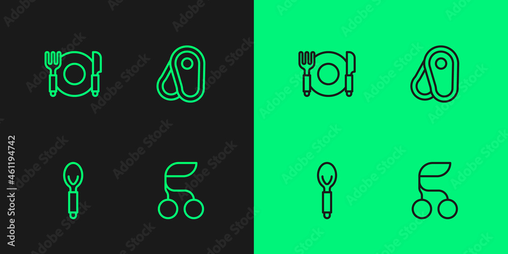 Set line Fresh berries, Spoon, Plate, fork and knife and Steak meat icon. Vector Set line Fresh berries, Spoon, Plate, fork and knife and Steak meat icon. Vector