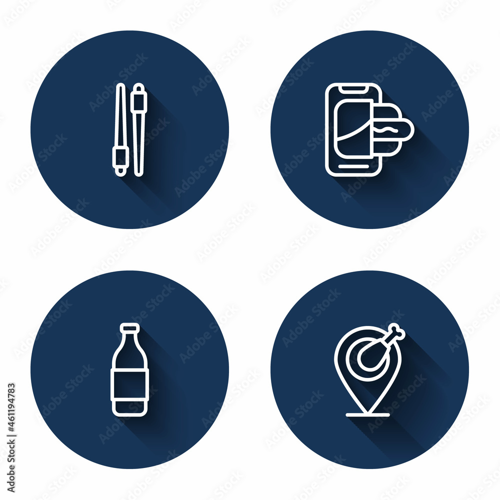 Set line Food chopsticks, ordering on mobile, Bottle of wine and Chicken leg with long shadow. Blue circle button. Vector Set line Food chopsticks, ordering on mobile, Bottle of wine and Chicken leg with long shadow. Blue circle button. Vector