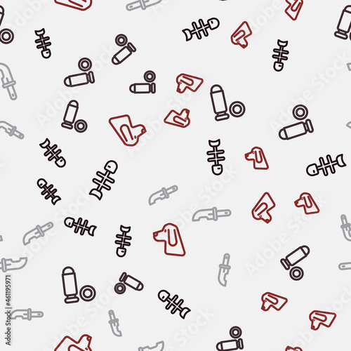 Set line Dead fish, Bullet, Hunter knife and Hunting dog on seamless pattern. Vector