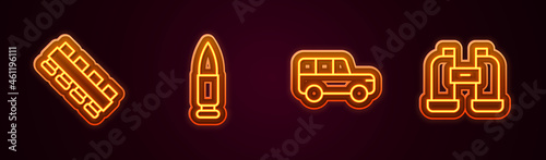 Set line Hunting cartridge belt, Bullet, Safari and Binoculars. Glowing neon icon. Vector