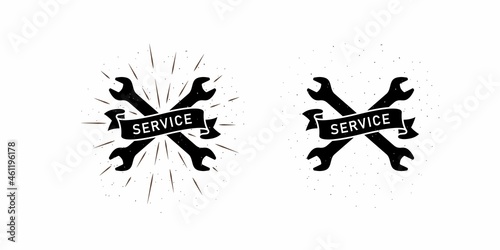 Set of color illustrations of crossed wrenches, ribbon with text, rays on a white background. Design element for poster, emblem, badge, label, sticker. Vector illustration. Master services.