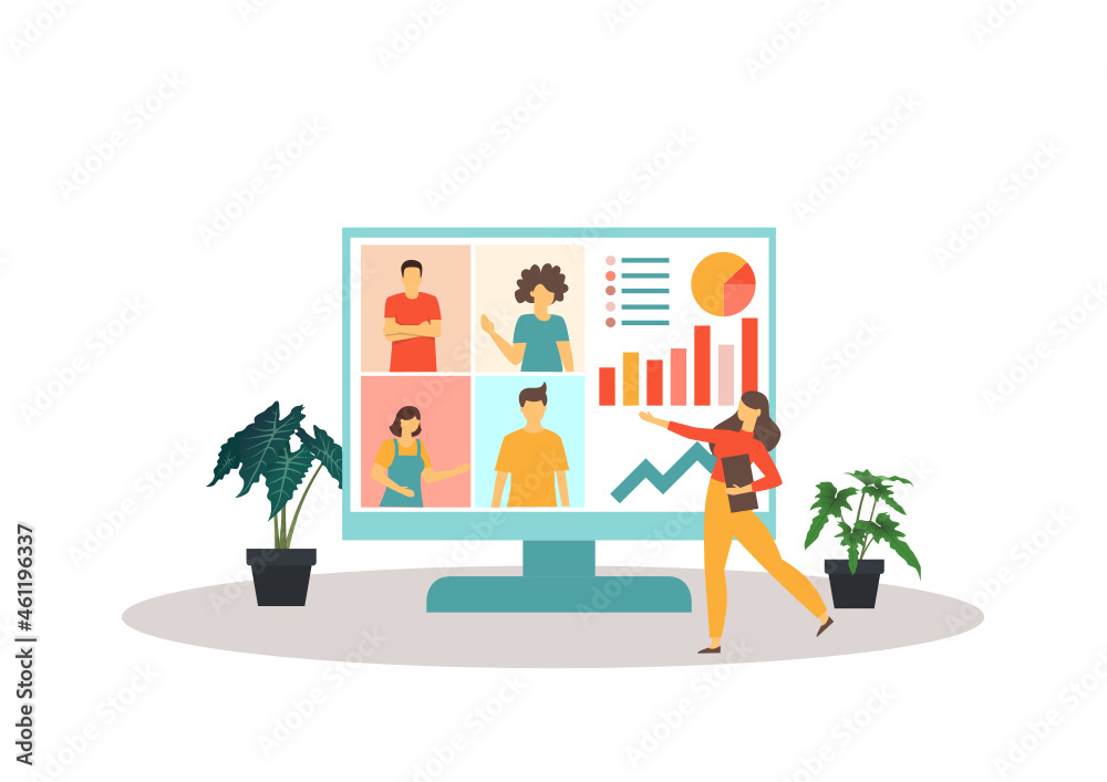 Online meeting concept. Vector of a woman using computer for an online meeting with friends.