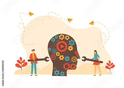Mental health care treatment vector illustration concept.  specialist doctor work to give psychology therapy.  Tiny people character with screwdriver. Banner, poster, or social media printing.