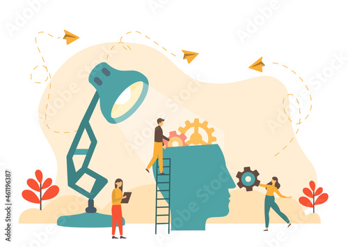 Mental health care treatment vector illustration concept. specialist doctor work to give psychology therapy. Tiny people character with ladder design. Banner, poster, or media social printing.