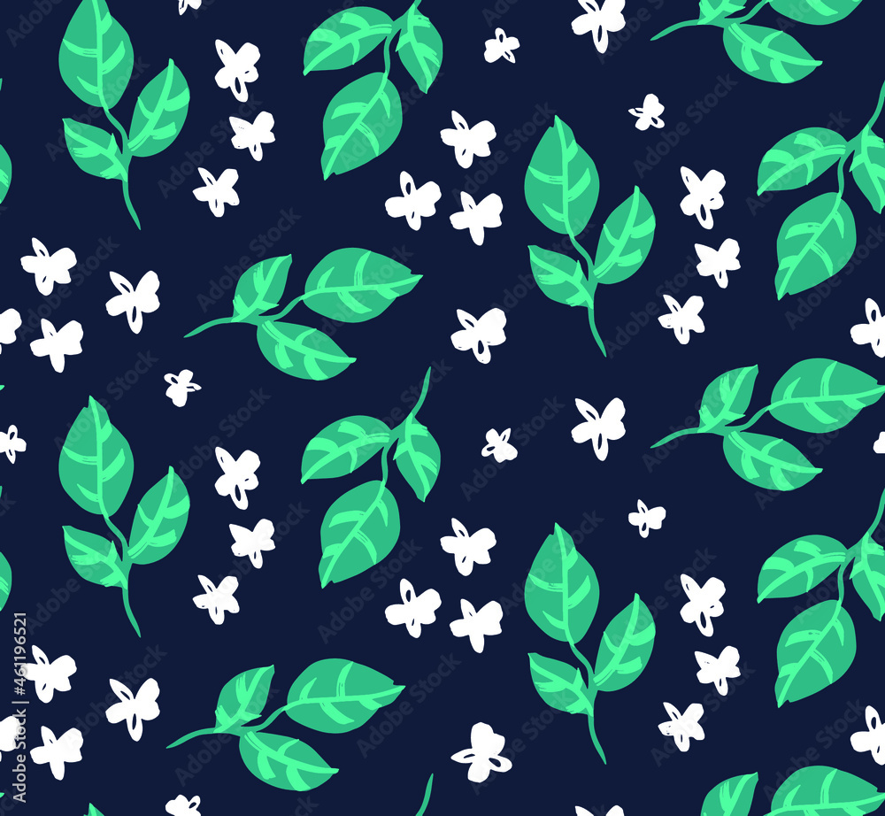 Obraz premium Abstract Hand Drawing Leaves and Ditsy Flowers Seamless Vector Pattern Isolated Background