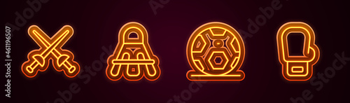 Set line Fencing, Badminton shuttlecock, Soccer football ball and Boxing glove. Glowing neon icon. Vector