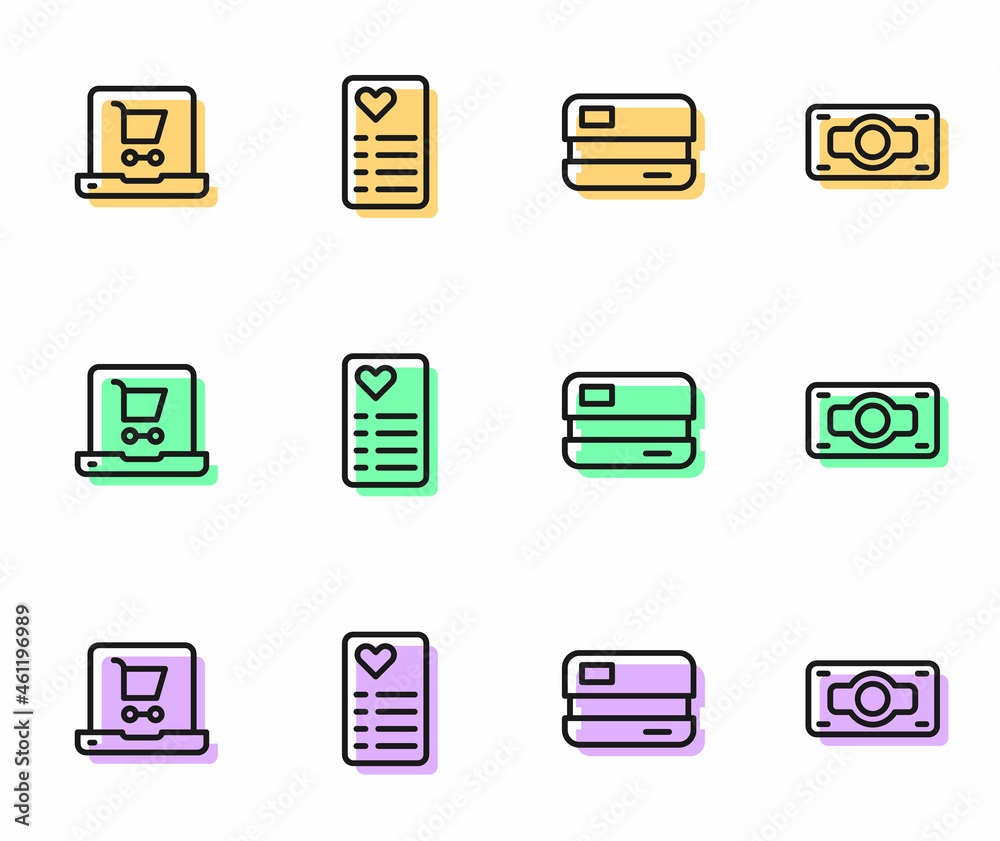 Set line Credit card, Shopping cart on screen laptop, list and Stacks paper money cash icon. Vector Set line Credit card, Shopping cart on screen laptop, list and Stacks paper money cash icon. Vector