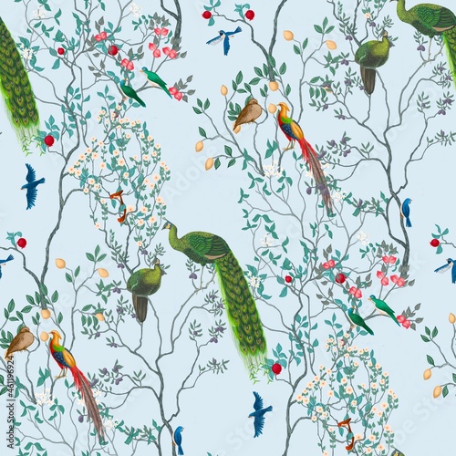 Chinoiserie Vintage floral illustration for wallpaper, fabric, poster, print. Mural. Bloom. Seamless background with exotic birds and flowers