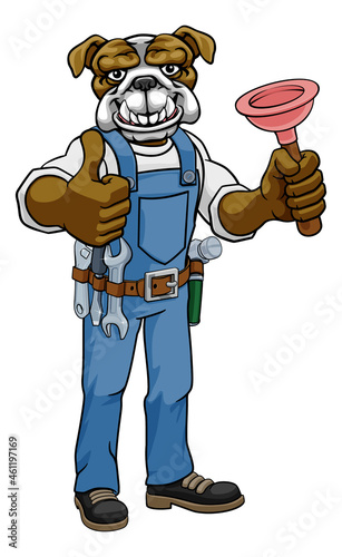 Bulldog Plumber Cartoon Mascot Holding Plunger