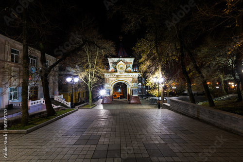 Triumphal Arch of the Tsarevich in Vladivostok at night. photo