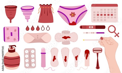 Female hygiene set vector. Menstrual cycle. Woman critical days. Menstrual cup, sanitary napkin, tampon, test. Illustration for printing, backgrounds, wallpapers, covers, packaging, greeting cards