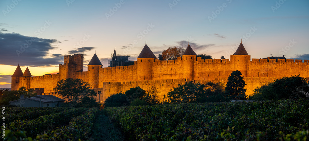 Lighted Carcassonne fortification walls seen from vineyards surrounding the city-Panorama.