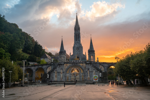 Sanctuary of Our Lady in Lourdes during a phenomenal sunset