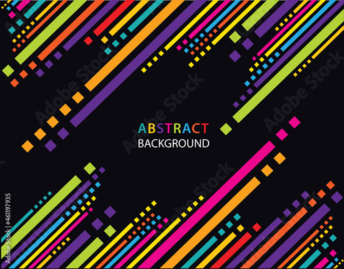 Rainbow vector lines and squares isolated on black background. Trendy graphic template. with place for your text.
