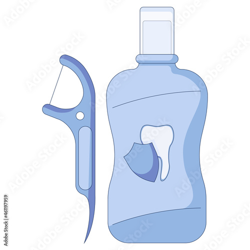 Oral mouthwash with dental floss, mouth hygiene and dental care icon set in a flat style isolated on a white background. Vector illustration