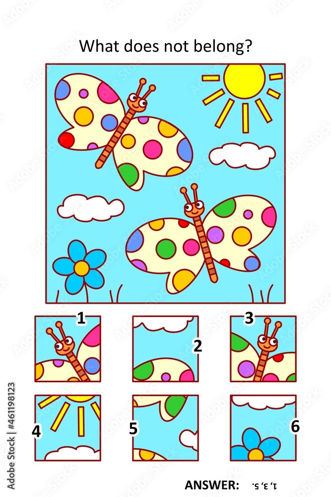 Visual puzzle with picture fragments. Butterflies in spring or summer. What does not belong?
