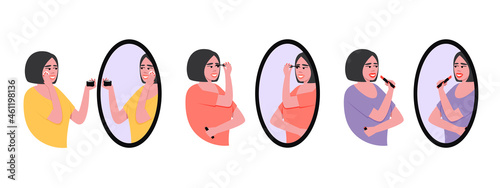Set of woman paints lips, eyelashes with mascara and applies cream to her face, looking in the mirror. Illustration on isolated background. The woman admires herself in the mirror. Flat vector illustr