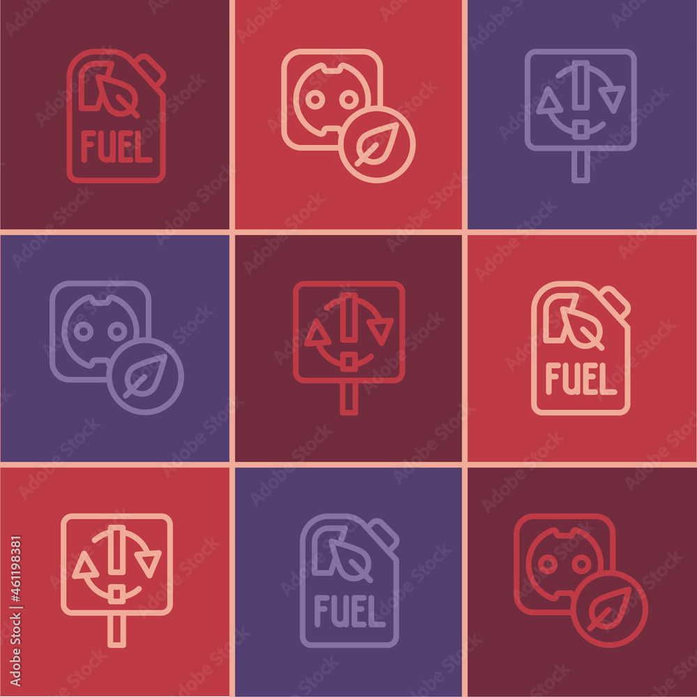 Set line Bio fuel canister, Recycle symbol and Electrical outlet icon. Vector Set line Bio fuel canister, Recycle symbol and Electrical outlet icon. Vector