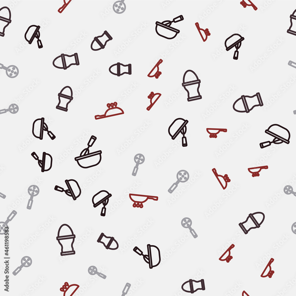 Set line Cooking whisk with bowl, Chicken egg on a stand, Spatula and Frying pan fire on seamless pattern. Vector Set line Cooking whisk with bowl, Chicken egg on a stand, Spatula and Frying pan fire on seamless pattern. Vector