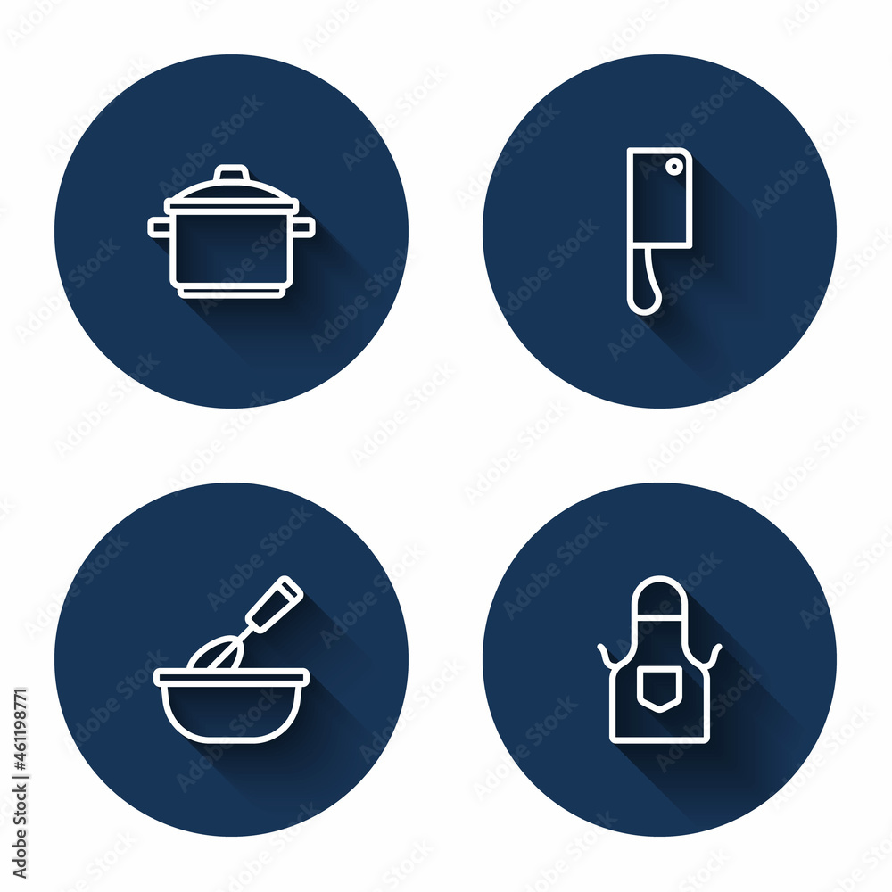 Set line Cooking pot, Meat chopper, whisk with bowl and Kitchen apron with long shadow. Blue circle button. Vector Set line Cooking pot, Meat chopper, whisk with bowl and Kitchen apron with long shadow. Blue circle button. Vector