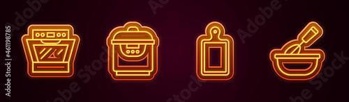 Set line Oven, Slow cooker, Cutting board and Cooking whisk with bowl. Glowing neon icon. Vector