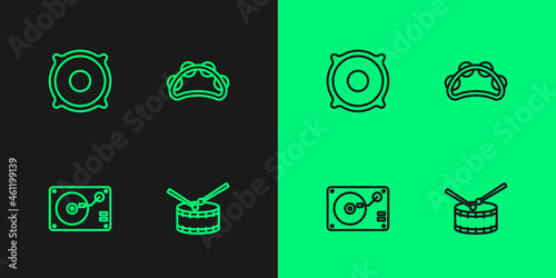 Set line Drum with drum sticks, Vinyl player vinyl disk, Stereo speaker and Tambourine icon. Vector