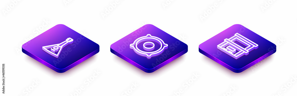 Set Isometric line Balalaika, Stereo speaker and Piano icon. Vector Set Isometric line Balalaika, Stereo speaker and Piano icon. Vector