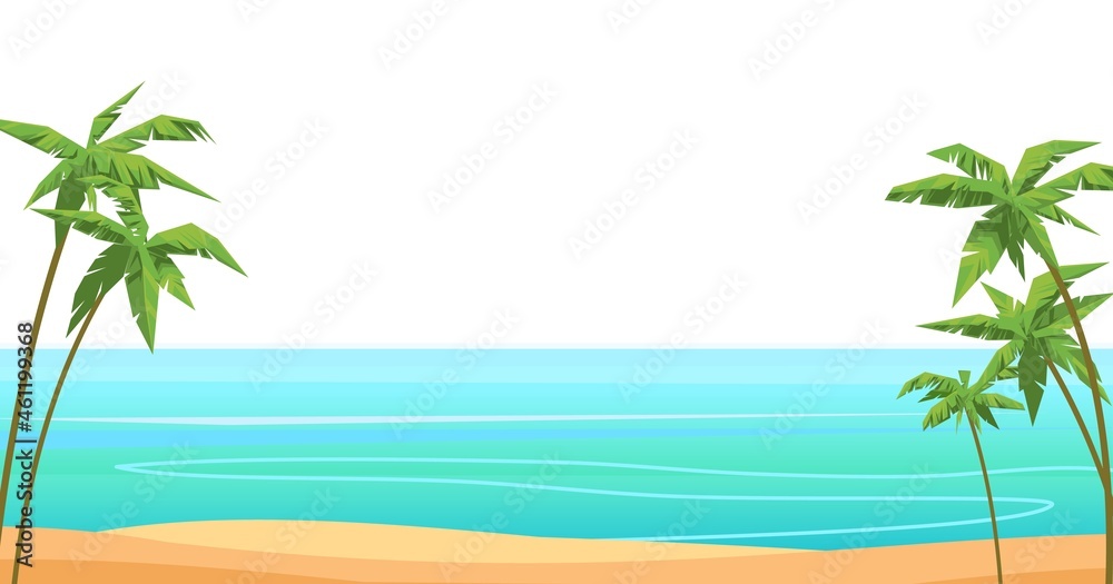 Sea beach. Summer seascape. Far away is the ocean horizon. Calm weather. Simple design. Flat style illustration. Vector.