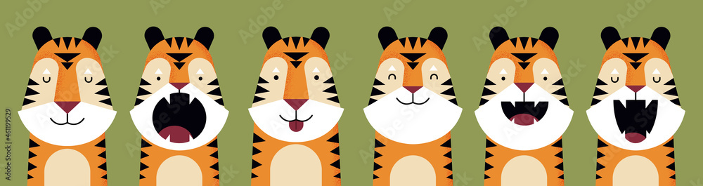 Obraz premium Set of portraits of tigers with different facial expressions.Cartoon animal. Design flat vector illustration.