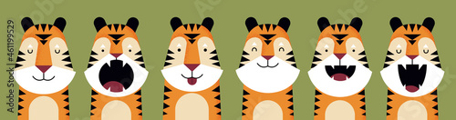 Set of portraits of tigers with different facial expressions.Cartoon animal. Design flat vector illustration.