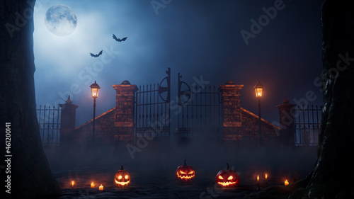 Halloween Scene with Spooky Churchyard Gate and Jack O' Lanterns. photo