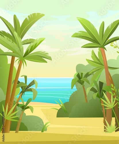 Pretty tropical beach with palm trees. Sand and sea horizon. Cartoon flat style. Beautiful summer landscape. Vector.