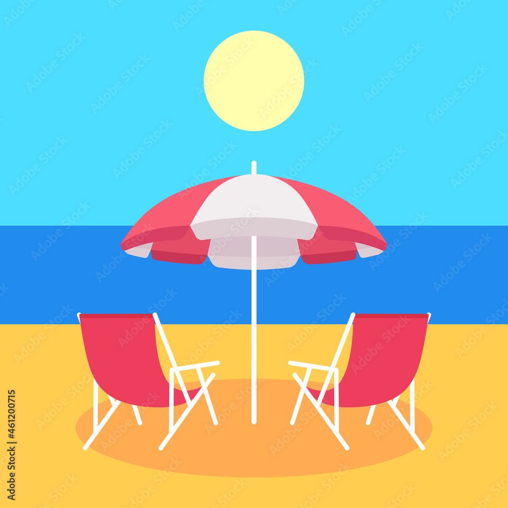 Two red summer beach chair and red beach umbrella. Vector illustration. Two red summer beach chair and red beach umbrella. Vector illustration.