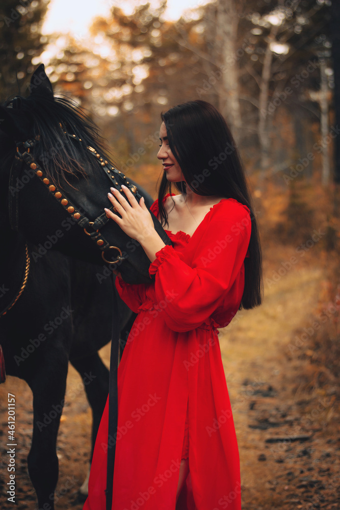 Fototapeta premium A girl strokes a horse, a girl looks at a horse straight, love for an animal, a girl in the autumn forest with a horse, a photo shoot in autumn with a horse, a walk with a horse, a walk in the autumn