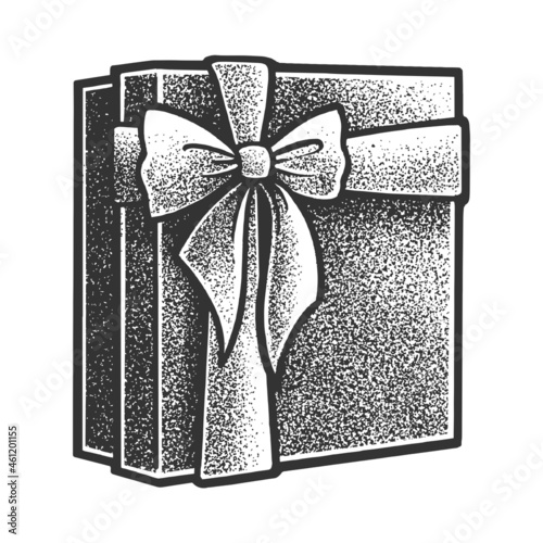 gift box present sketch engraving vector illustration. T-shirt apparel print design. Scratch board imitation. Black and white hand drawn image.