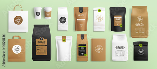 Coffee logo design on label with package mock-up for your brand presentation - vector template. Coffee soul logo with zip package mockup, shopping bag, cup, stand-up pouch. Paper food packaging