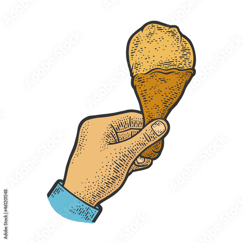 Fried chicken leg in hand color sketch engraving vector illustration. T-shirt apparel print design. Scratch board imitation. Black and white hand drawn image.