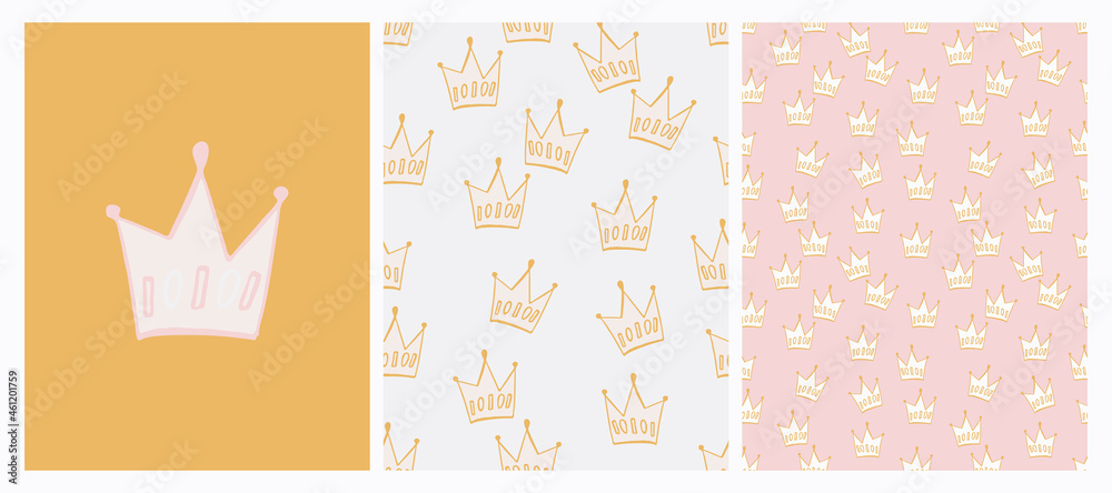 Irregular Crown Seamless Pattern. Pale Green and Gray Doodle Print