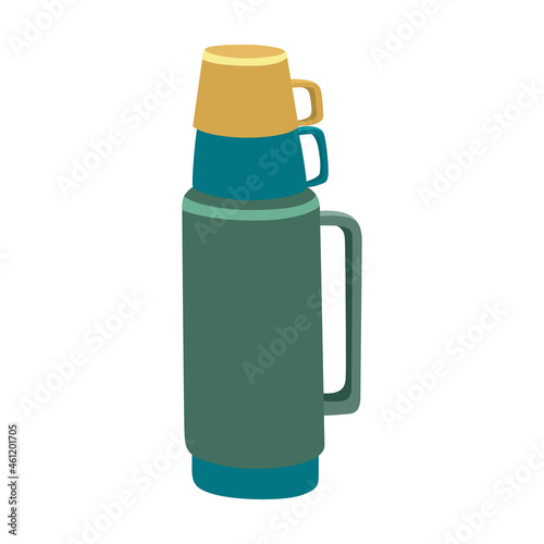 On top of that, there is a green and blue thermos, on top of which there are 2 plastic cups vector illustration